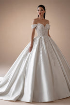 Luxury White Off-the-Shoulder Lace Satin Ball Gown Wedding Dress ZP069
