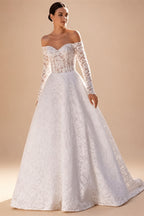 Custom Lace Wedding Dress Long Sleeve Sweetheart Beaded Sweep Train Gown