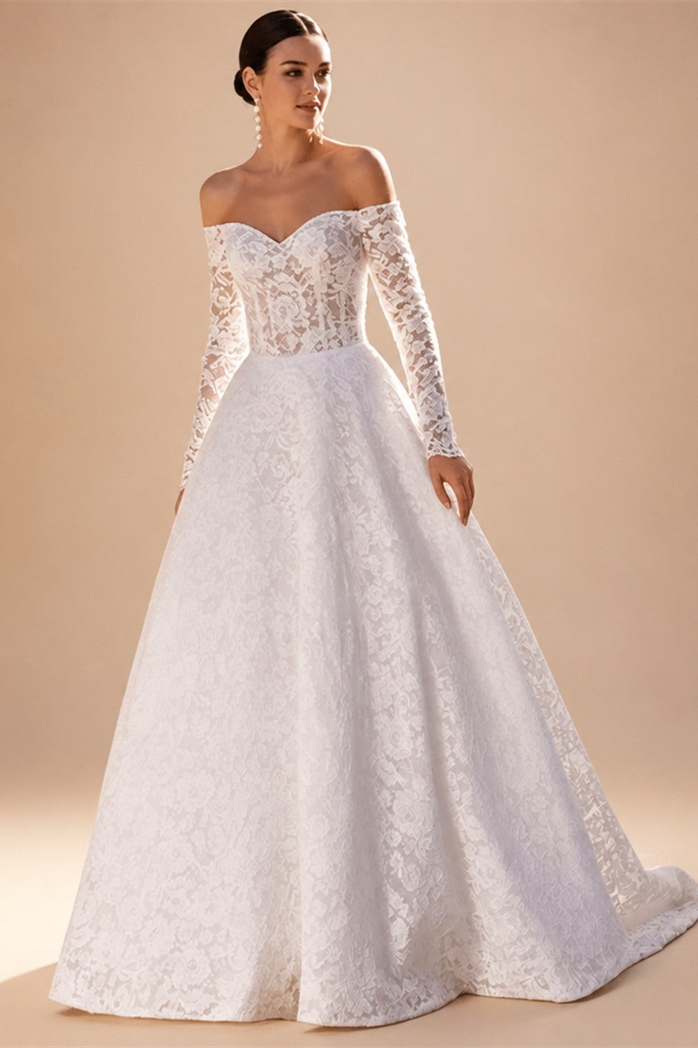Custom Lace Wedding Dress Long Sleeve Sweetheart Beaded Sweep Train Gown