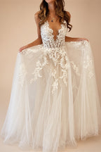 Custom A Line Backless Wedding Dress Featuring Beaded Lace Tulle