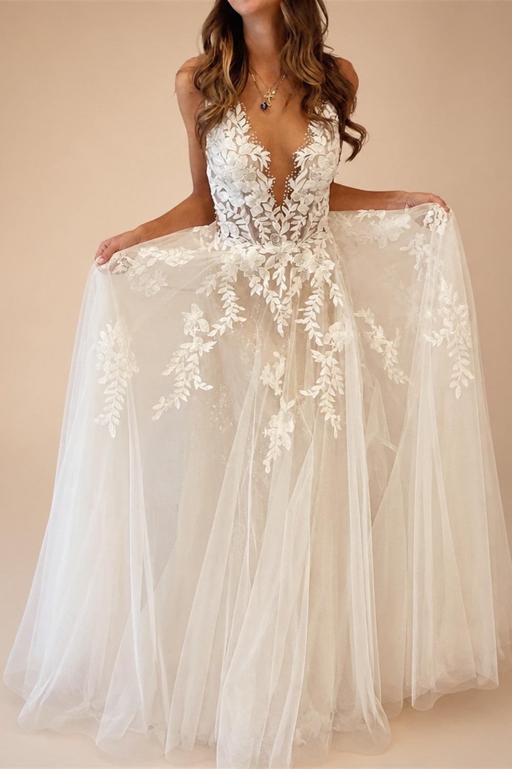 Custom A Line Backless Wedding Dress Featuring Beaded Lace Tulle