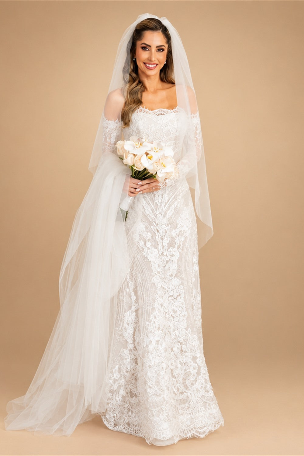 White Beaded Lace Bridal Gown with Off Shoulder Long Sleeves ZP203