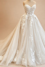 Custom Court Train Wedding Dress Featuring Tulle Lace Bodice Gown