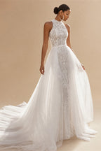Exquisite Lace Mermaid Wedding Dress 2026 Tulle Detachable Train Bridal Gowns Halter Backless Wedding Gown Customized