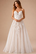Womens Spaghetti Straps Boho Wedding Dress Lace Bodice Tulle Open Back Gown