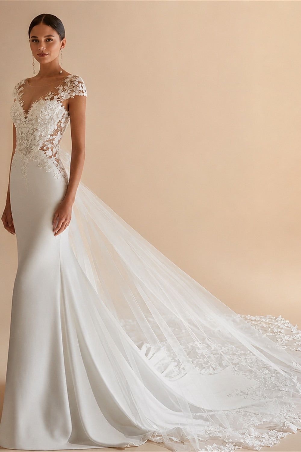 RoyceBridal Cap Sleeve Lace Mermaid Wedding Dress Low Back 3D Floral Appliques Bridal GownVestido De Novia Boda Customized