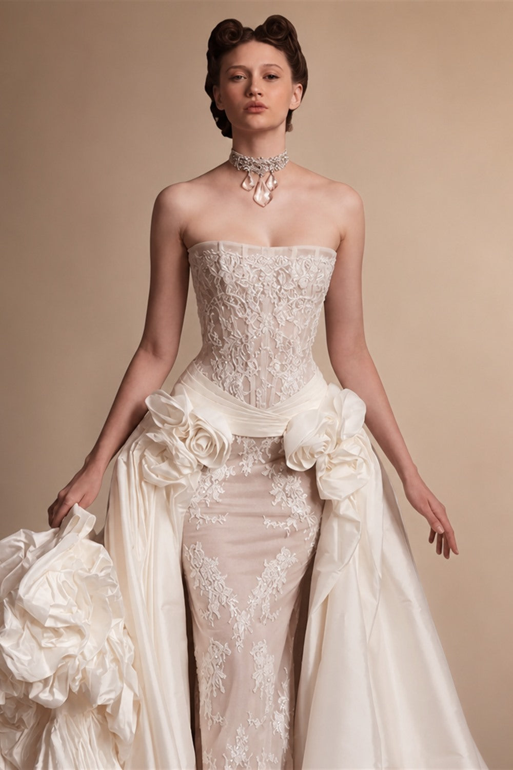 Luxury Ivory Strapless Lace 3D Floral Wedding Dress with Overskirt ZP148