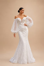 White  Off‑The‑Shoulder Puff Sleeve 3D Floral Mermaid Wedding Dress ZP005