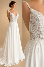 Illusion Lace A Line Chiffon Beach Wedding Dress With Open Back