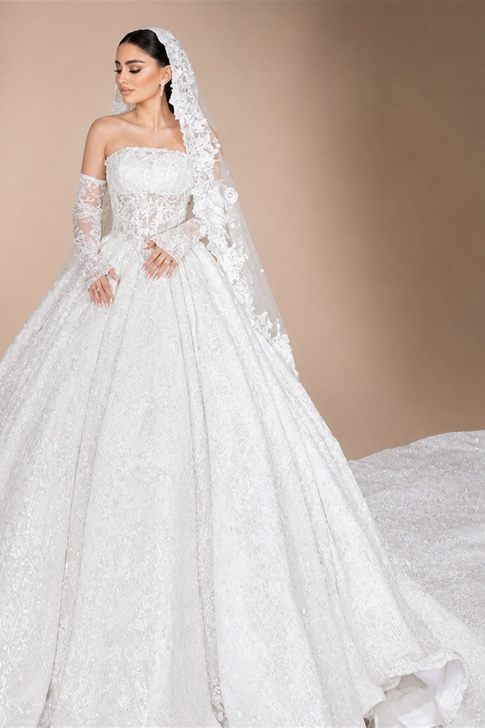 Mocaca Customized Luxury Sequins Lace Applique Ball Gown Wedding Dress Off Shoulder Appliques Long Sleeve Bridal Gown