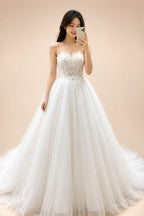 Sweetheart Strapless Ball gown Wedding Dress Lace Corset Bodice Satin Bow Waistband Pure Tulle Bridal Gown  Ivory Princess Bride