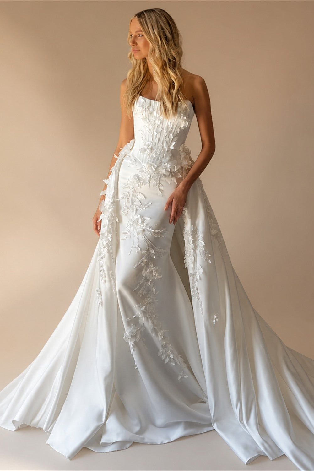 Romantic White Strapless 3D Floral Lace Mermaid Wedding Dress with Overskirt ZP090