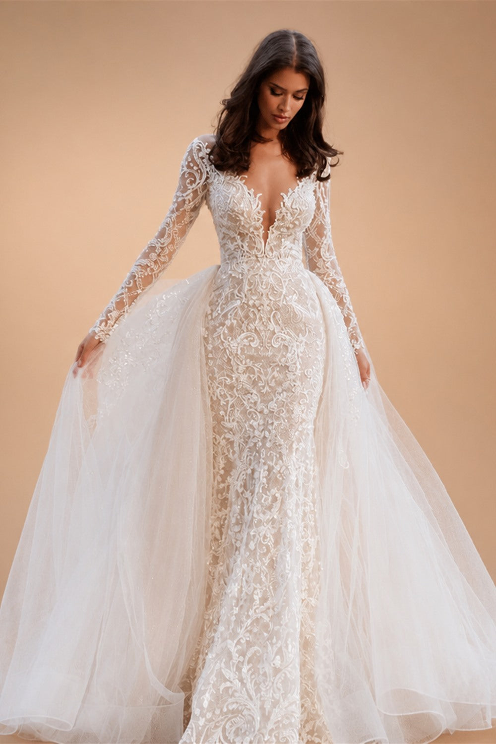 Custom Made Mermaid Wedding Dress With Detachable Lace Full Sleeves