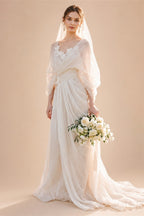Grecian Boho Wedding Dress V‑Neck Batwing Sleeve Draped Ruched A‑Line Bridal Gown Sweep Train For Outdoor Garden Wedding