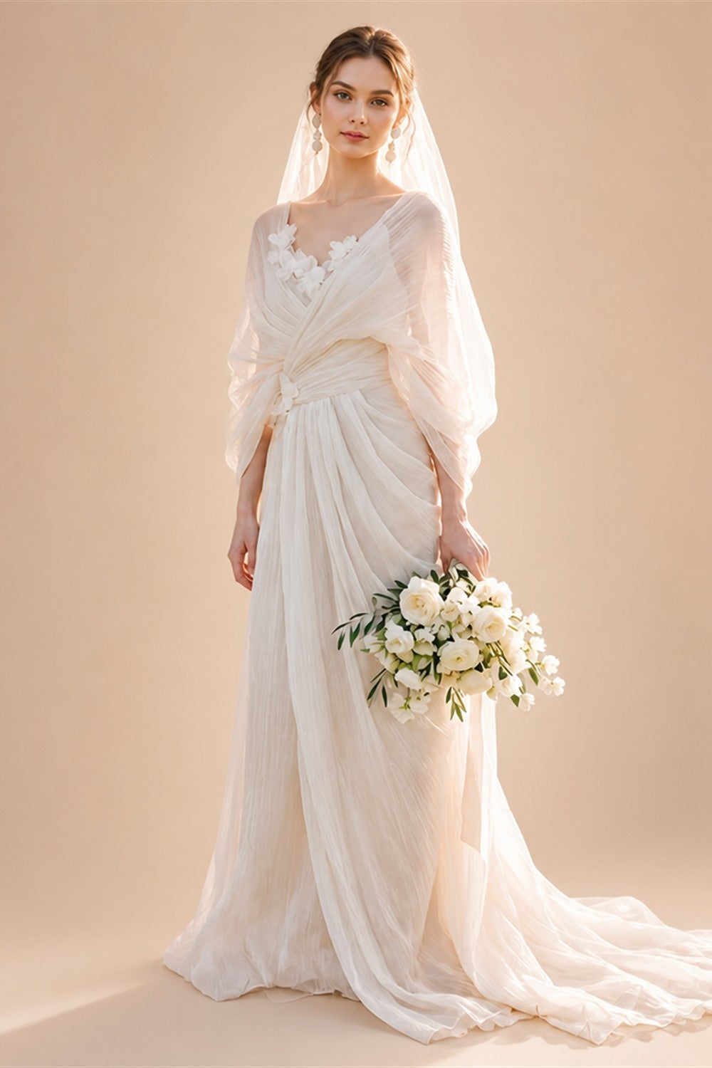 Grecian Boho Wedding Dress V‑Neck Batwing Sleeve Draped Ruched A‑Line Bridal Gown Sweep Train For Outdoor Garden Wedding