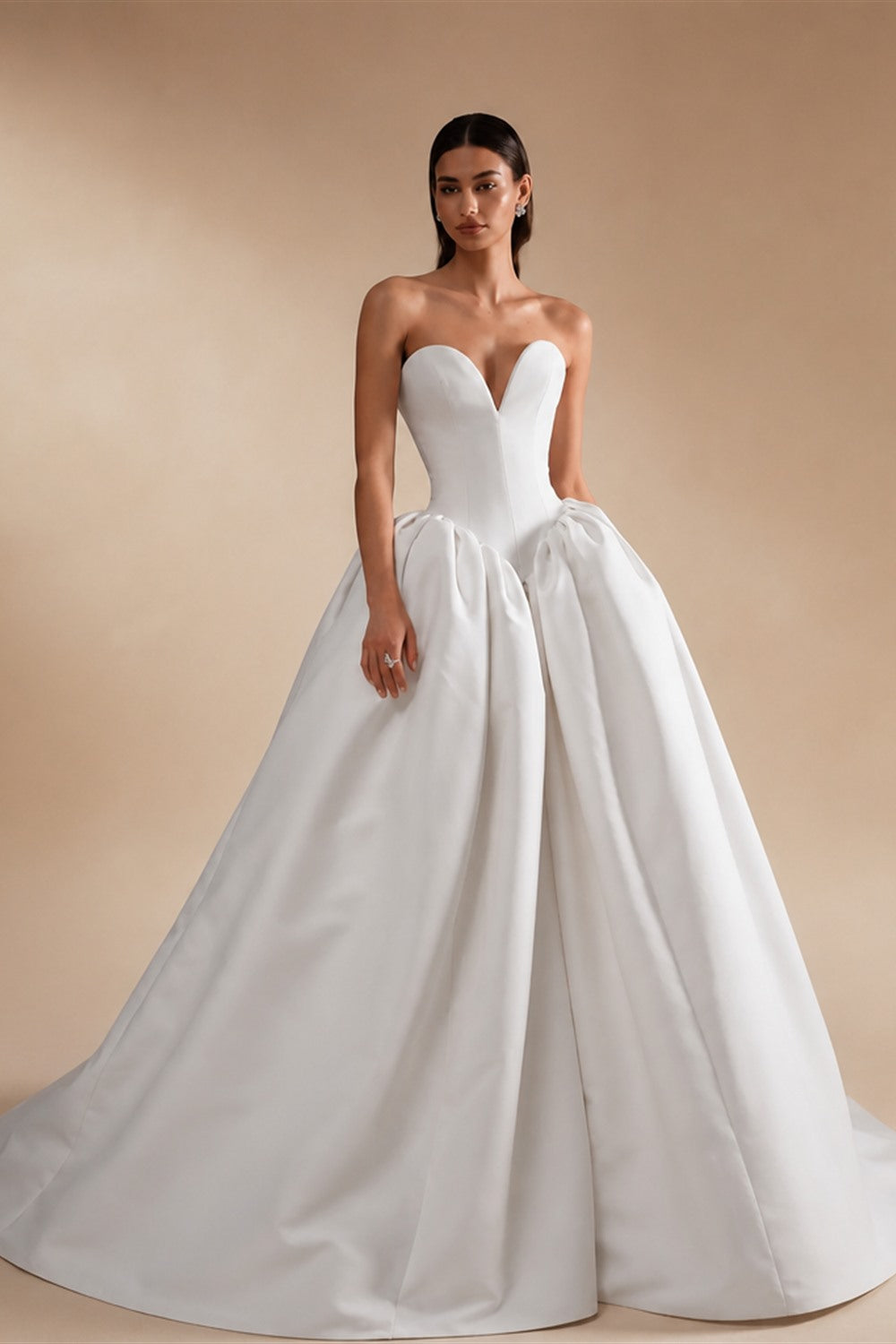 Luxury White Satin Deep V Strapless Ball Gown Wedding Dress ZP147