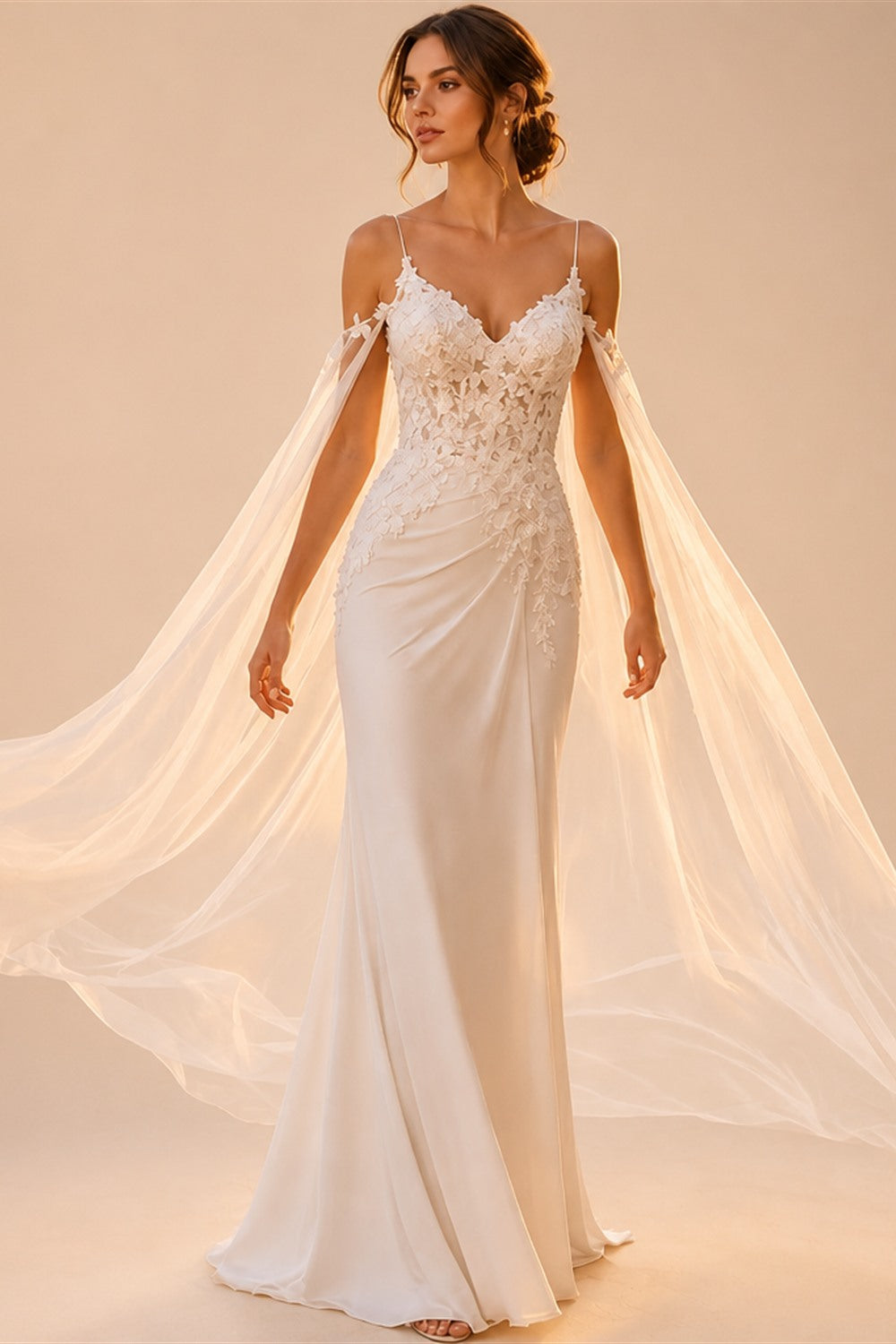 Romantic Spaghetti Strap Wedding Dress Lace Mermaid Bridal Gowns Detachable Tulle Cape Wedding Gowns Vestido De Novia Customized