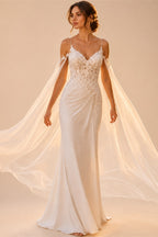 Romantic Spaghetti Strap Wedding Dress Lace Mermaid Bridal Gowns Detachable Tulle Cape Wedding Gowns Vestido De Novia Customized