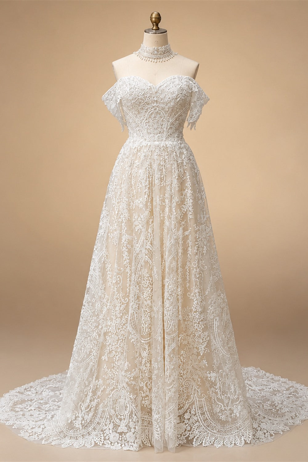 Off White Elegant Lace Pearl Embroidery Ball Gown Wedding Dress ZP168