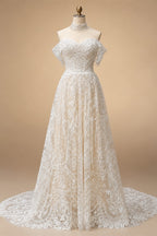 Off White Elegant Lace Pearl Embroidery Ball Gown Wedding Dress ZP168