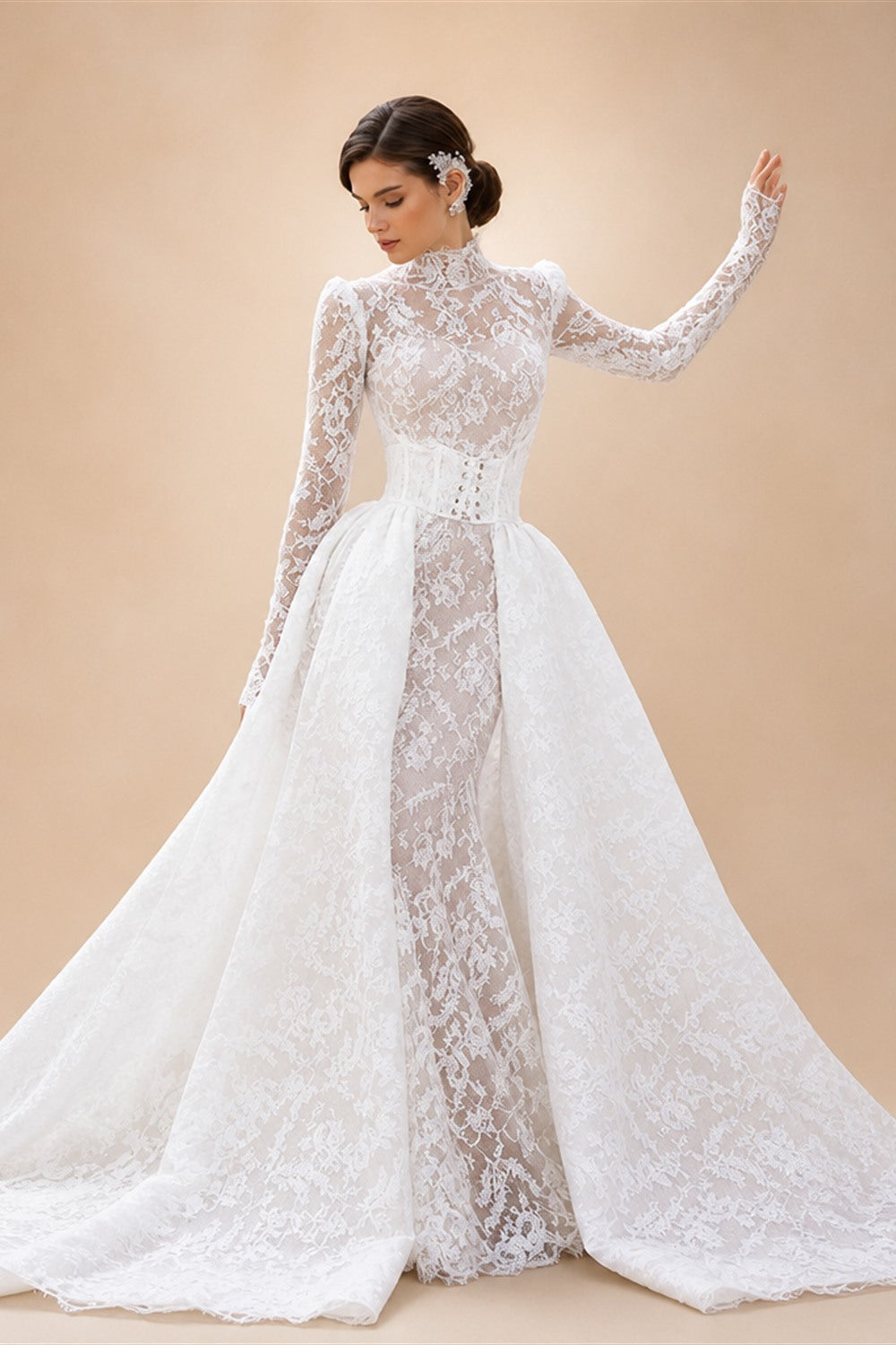 Mocaca Customized Luxury High Neck Lace Mermaid Wedding Dress Long Sleeve 2and1Detachable Train Bridal Gown Vestido De Novia