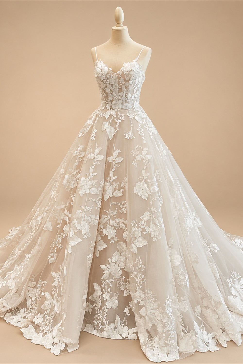 Luxury Champagne Lace Spaghetti Straps Wedding Dress For Bride