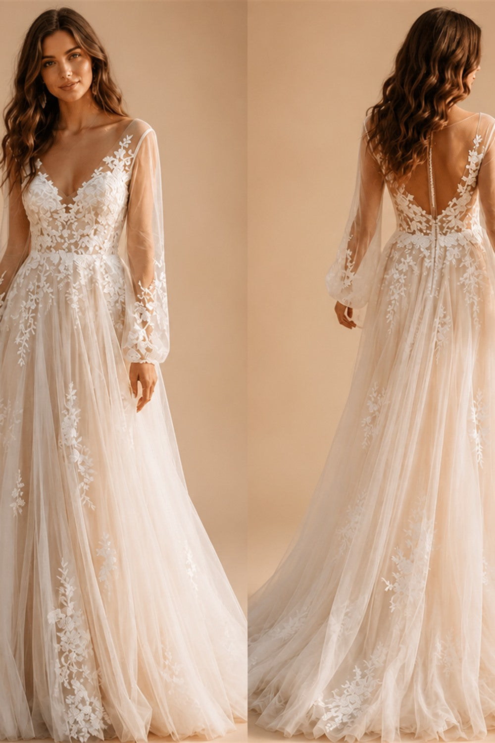 Romantic Puff Long Sleeve Boho Wedding Dress Low Open Back Tulle Bridal Gowns A Line Lace Applique Wedding Gowns Customized