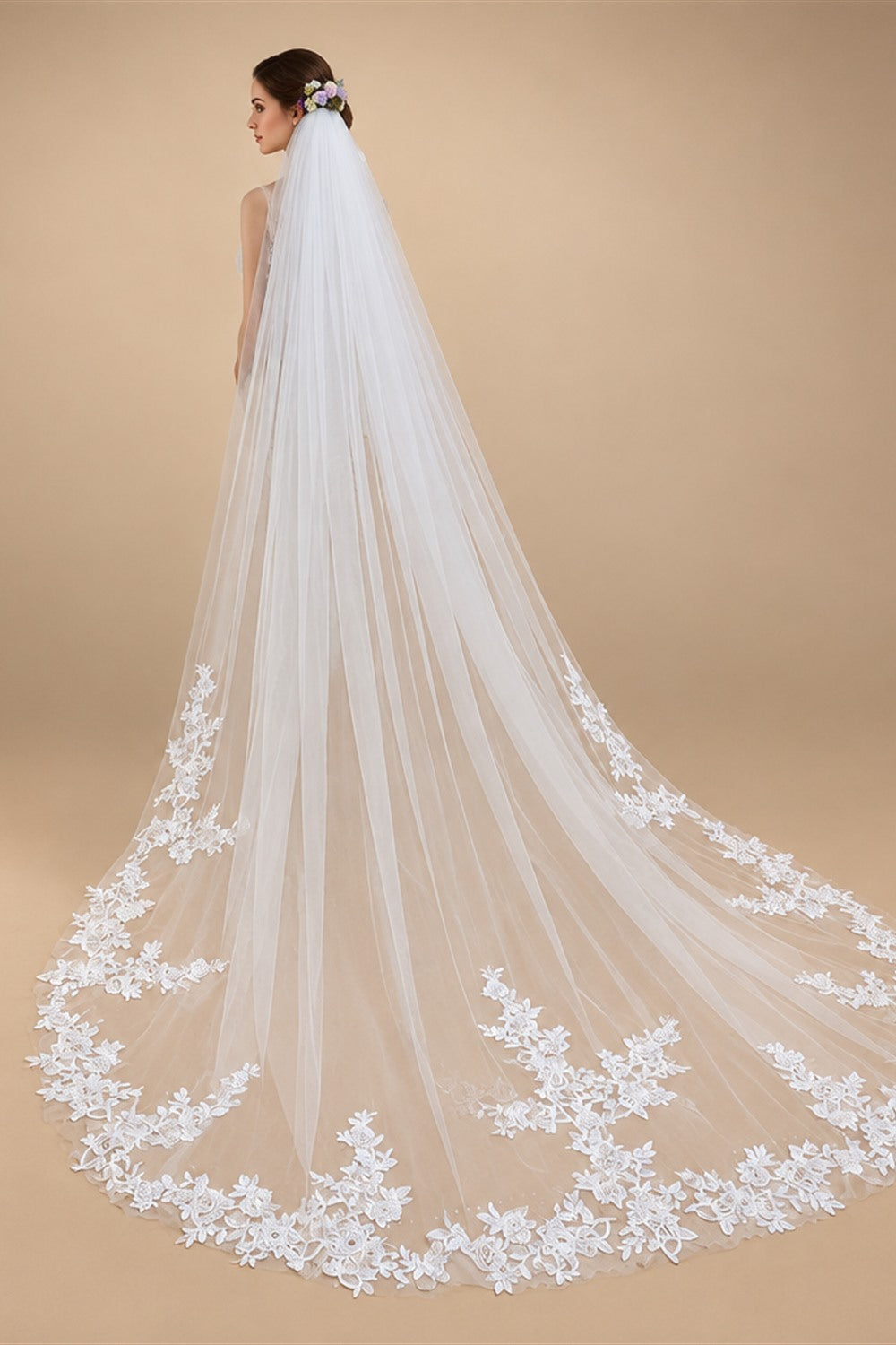 Real Photo 3m One Layer Bridal Veil with Comb White Lace Edge Ivory Appliqued Cathedral Wedding Veil for Brides