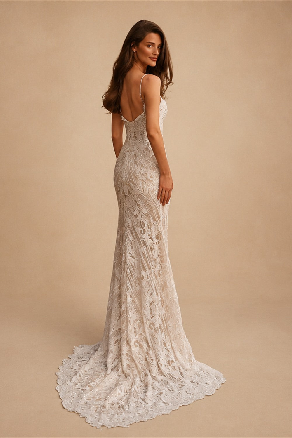 Sophisticated Ivory High Cold Shoulder Beaded Lace Fitted Wedding Dress ZP129