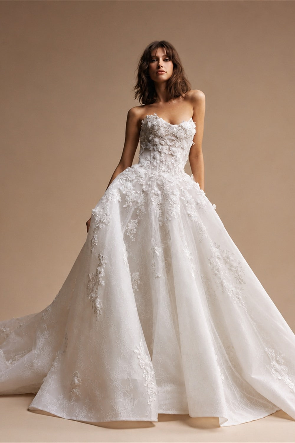 Luxury White Strapless 3D Floral Embroidery Train Wedding Dress ZP150