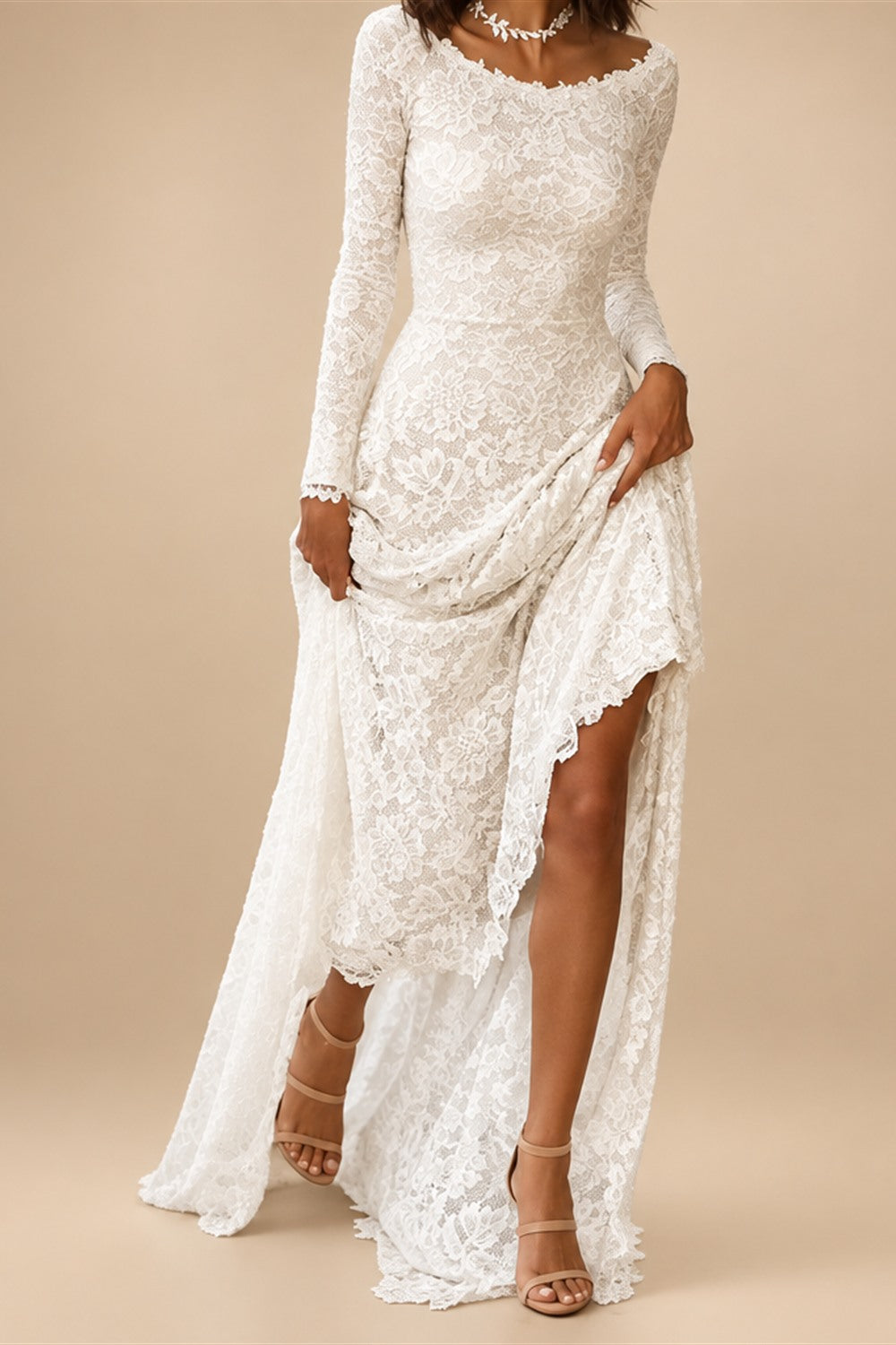 A-Line Evening Gown Open Back Dress Formal Wedding Party Dress Sweep / Brush Train Long Sleeve Jewel Neck Lace with Appliques