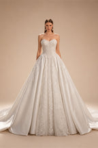 White Satin Strapless Wedding Dress Lace Appliques Sweetheart Neckline Ball Gown ZP010