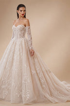 Elegant Ivory Strapless Corset Lace Tulle Bridal Gown Wedding Dress with Long Detachable Sleeves ZP067