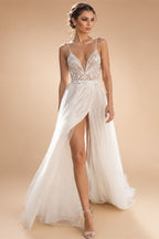 JEHETH Beautiful Applique A-Line Embroidered Yarn Halter Backless Wedding Dress Sexy V-Neck Floor-Length Slit 2024 Bridal Dress