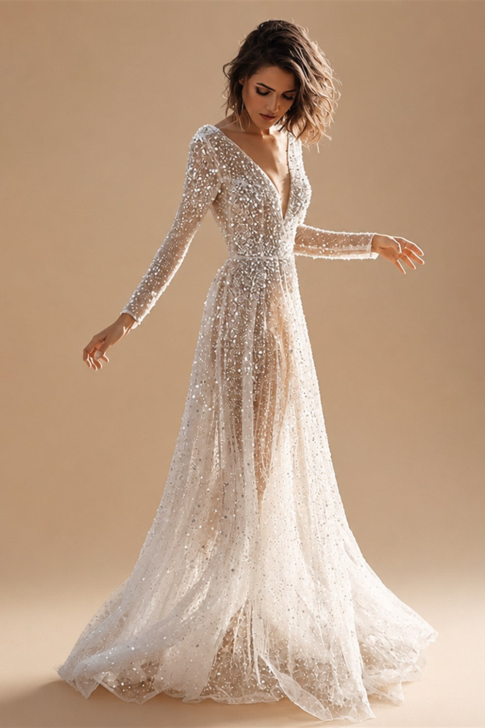 Mordern V- Neck Sequins Wedding Dresses Long Sleeves Floor Length Backless Bridal Gowns Robe De Marié