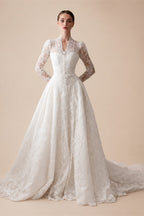 Vintag White Lace High Neck Long Sleeve A-Line Wedding Dress with Train ZP110