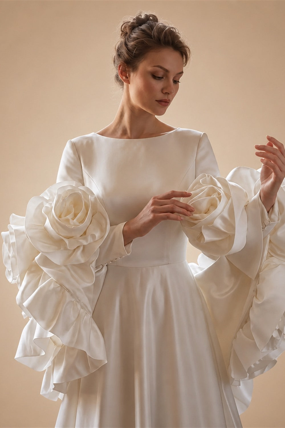 Ivory  Romantic A-Line Satin Wedding Dress 3D Rose Floral With Veil  ZP033