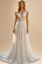 Romantic Cap Sleeve Boho Wedding Dress V Neck A Line Bridal Gowns Lace Applique Wedding Gowns Vestido De Novia Customized