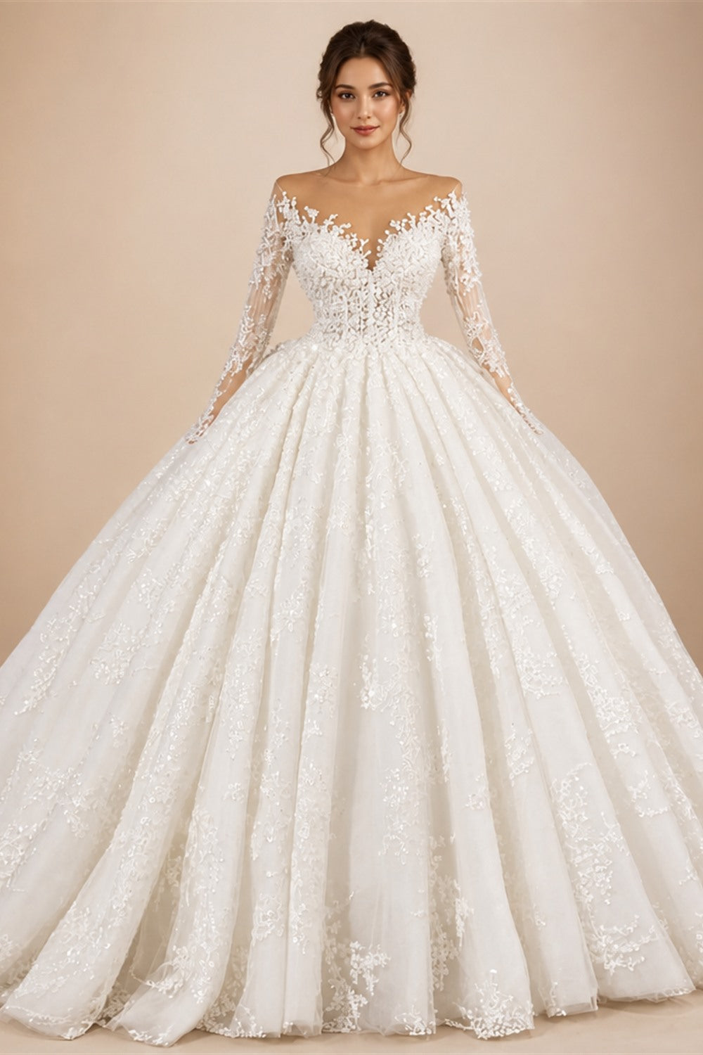 Alonlivn Elegant Silky Lace Of V-Neck Full Sleeve A Line Wedding Dress Beading Pearls Brown Skin Bridal Gowns