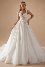 Backless Custom Made Lace A Line Spaghetti Strap Tulle Wedding Dress