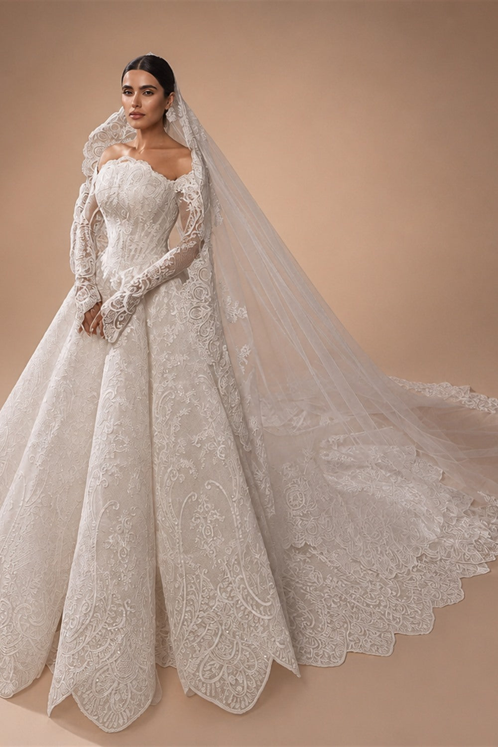 Luxury White Lace Long Sleeve Fitted Train Wedding Dress with Veil ZP155
