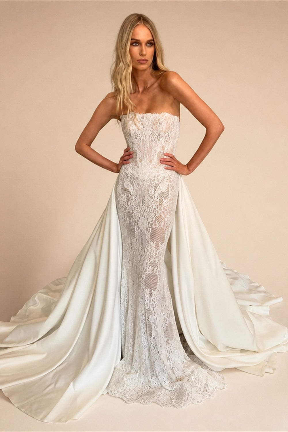 Luxury White Strapless Lace Mermaid Wedding Dress with Overskirt ZP086