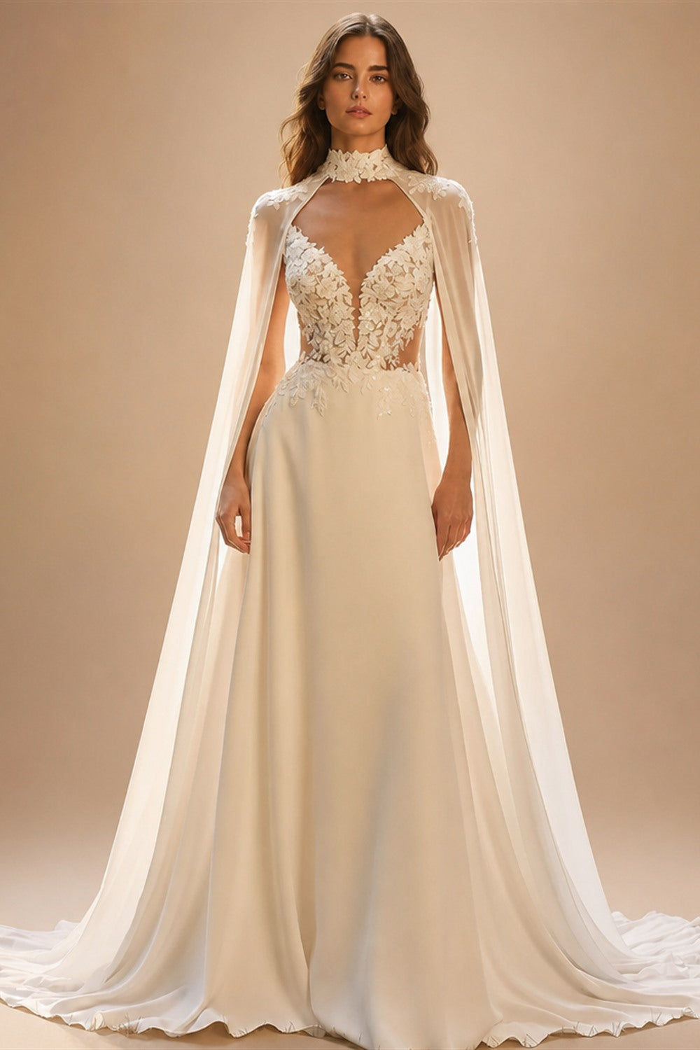 RODDRSYA Bohemian Wedding Dress A Line with Detachable Cape Boho Lace V Neck Crepe Open Back Bridal Dresses Woman Customized