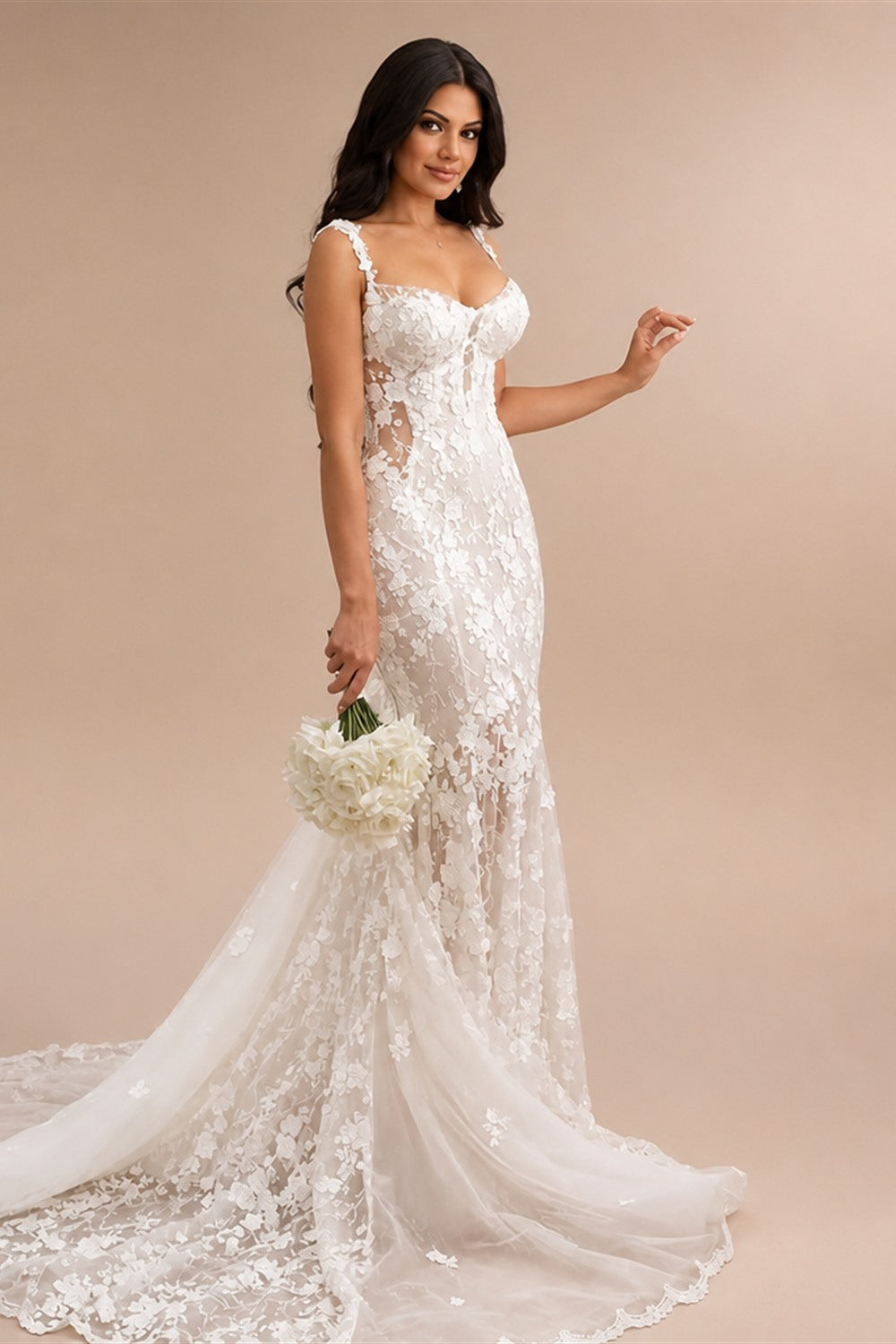VeraNova Mermaid Wedding Dress Sweetheart Lace Appliques Flowers Bride Gown Elegant Beach Boho Bride Dress Sexy Customized