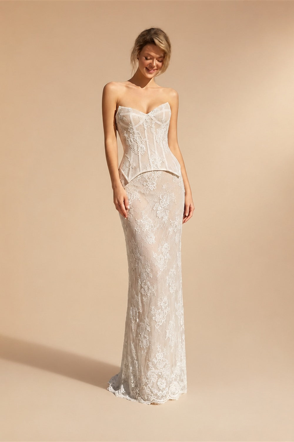 White Strapless Corset Lace Up Back Sheath Wedding Dress ZP006