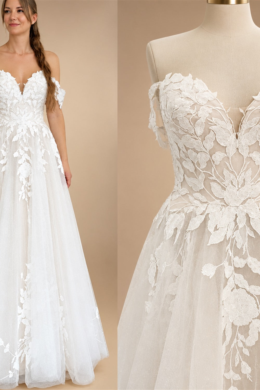 Custom Off Shoulder Wedding Gown With Lace Appliques And Cap Sleeve