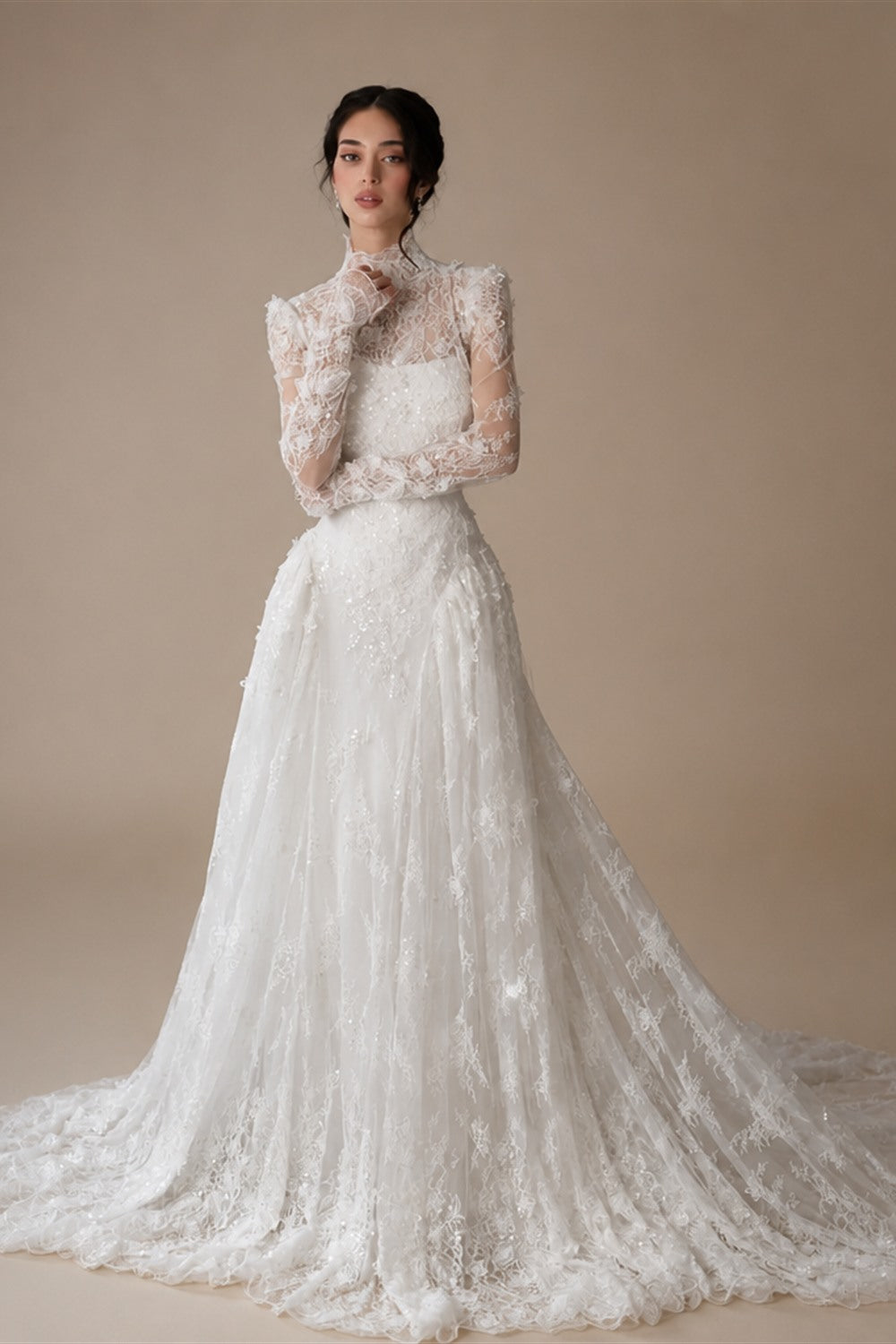 Classic Ivory Lace High Neck Long Sleeve A-Line Wedding Dress with Veil ZP107