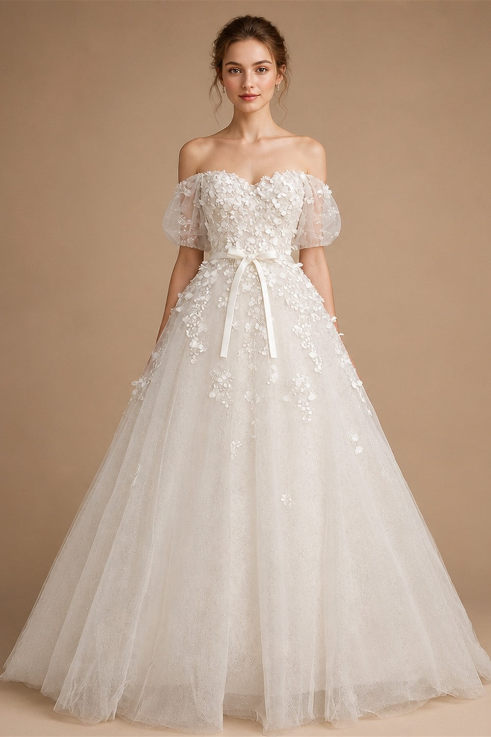 White 3D Floral Applique Sweetheart Ball Gown Wedding Dress ZP007