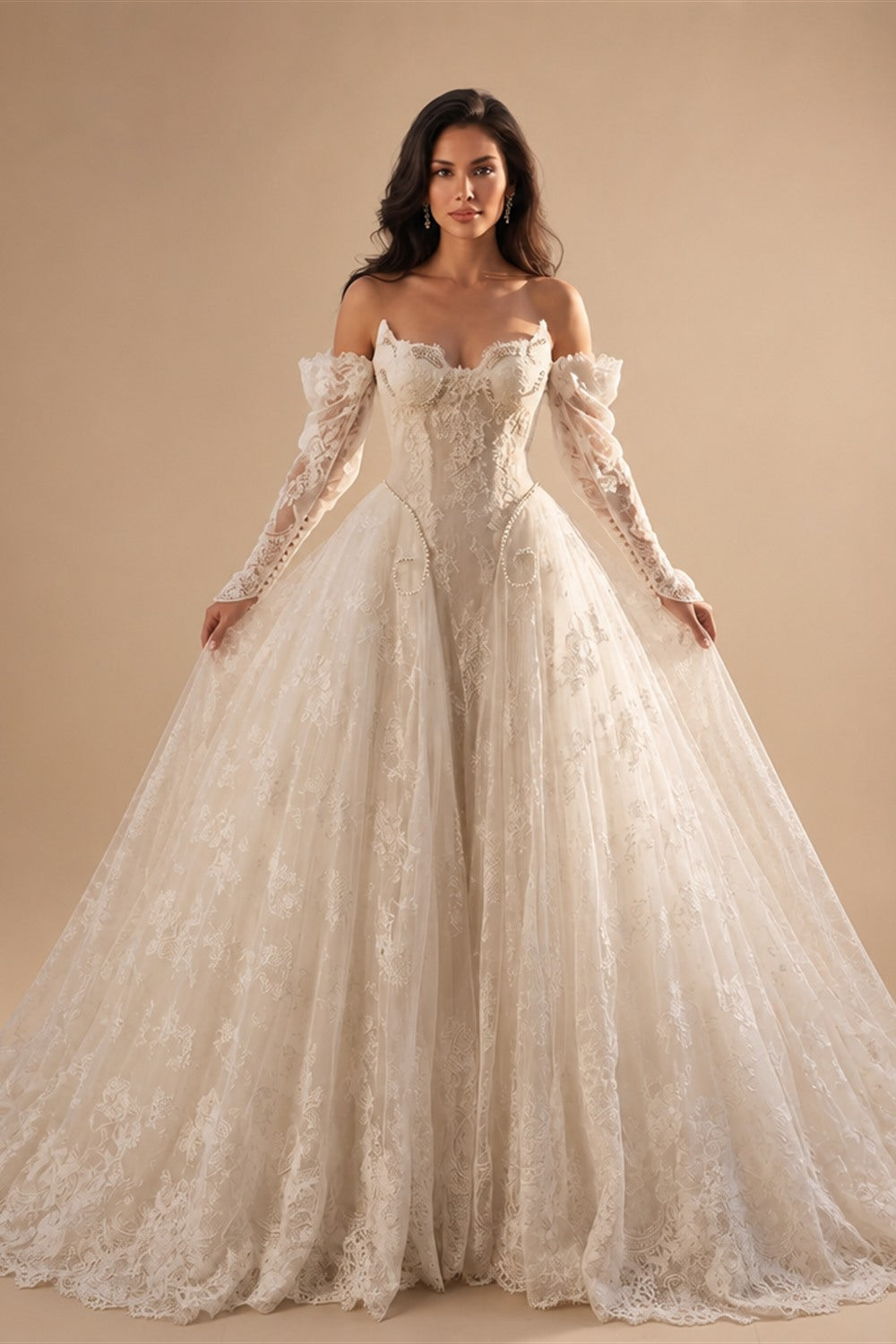 Off White Luxury Ball Gown Wedding Dress Beaded With Veil ZP035