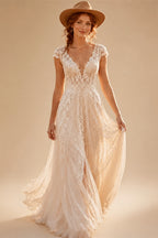 Deep V Cap Sleeve A Line Tulle Wedding Dress Floral Lace Appliques Front Slit Corset Lace Up Back Boho Bridal Gown Customized